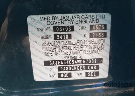 2004 Jaguar X-Type 3.0 из США, поврежденный, VIN SAJEA51C54WD57089